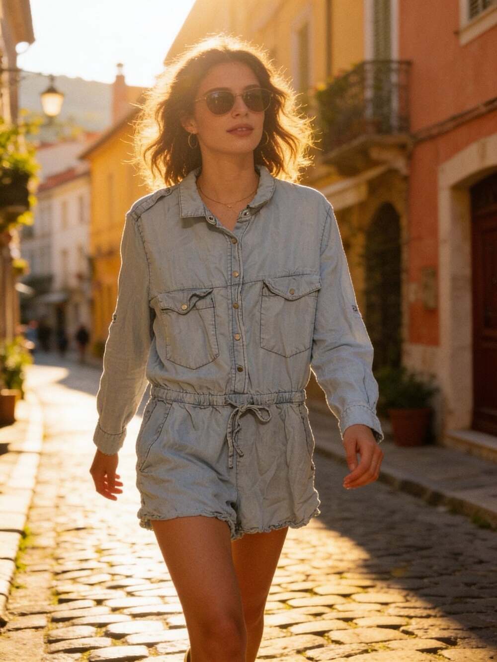 Sanctuary Long Sleeve Light Wash Denim Chambray Romper Size L